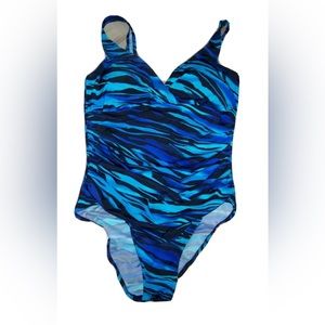 Trimshaper  Black/Blue Stripe Print Swimsuit Size 16
